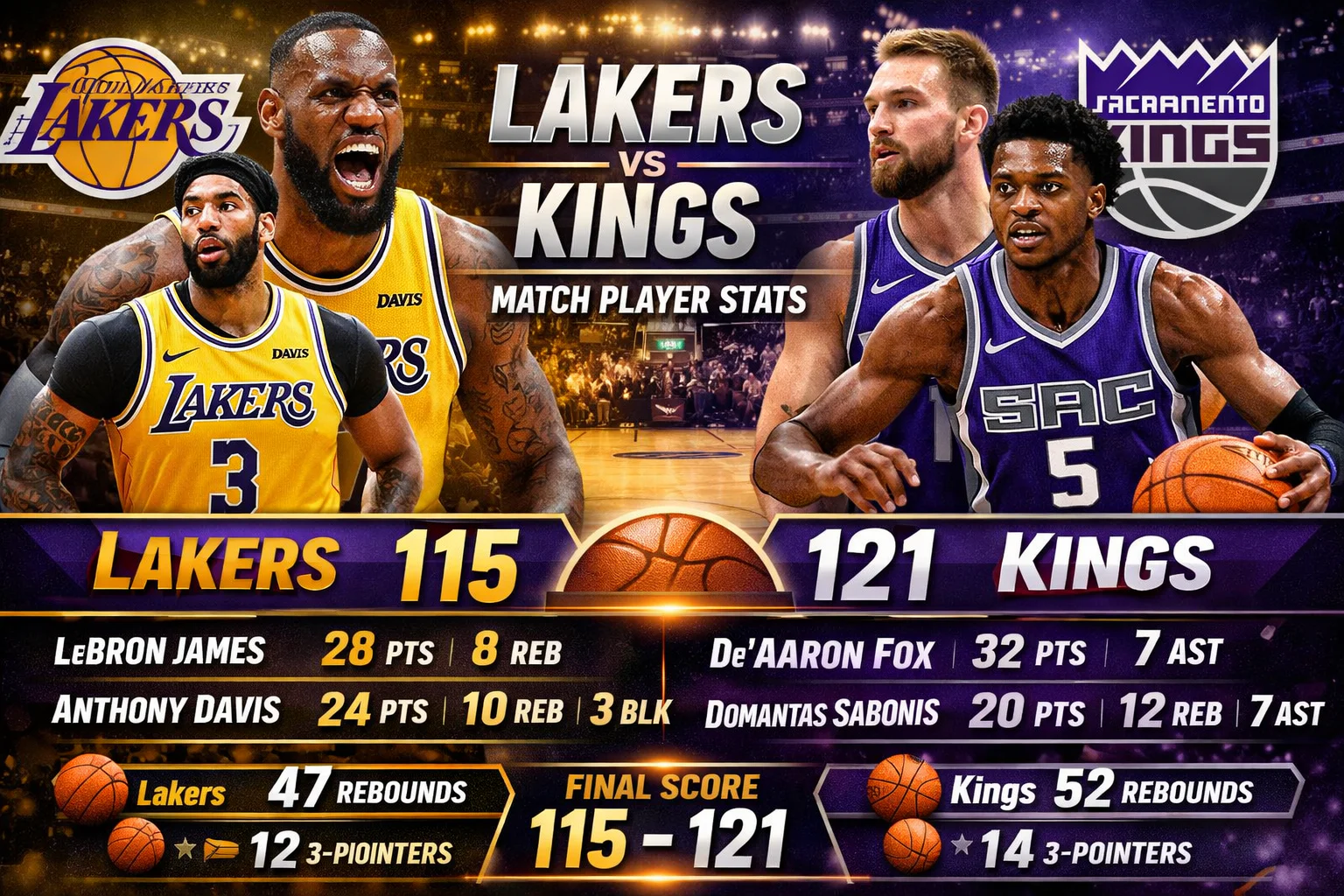 Lakers vs Sacramento Kings Match Player Stats